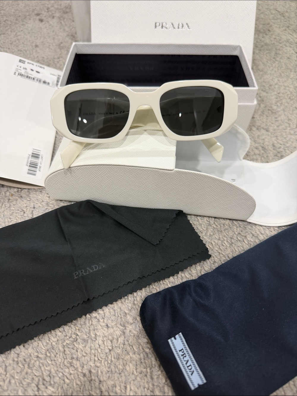 Prada White Rectangular Sunglasses with Dark Lenses 0PR 17WS Talc Smoke Grey